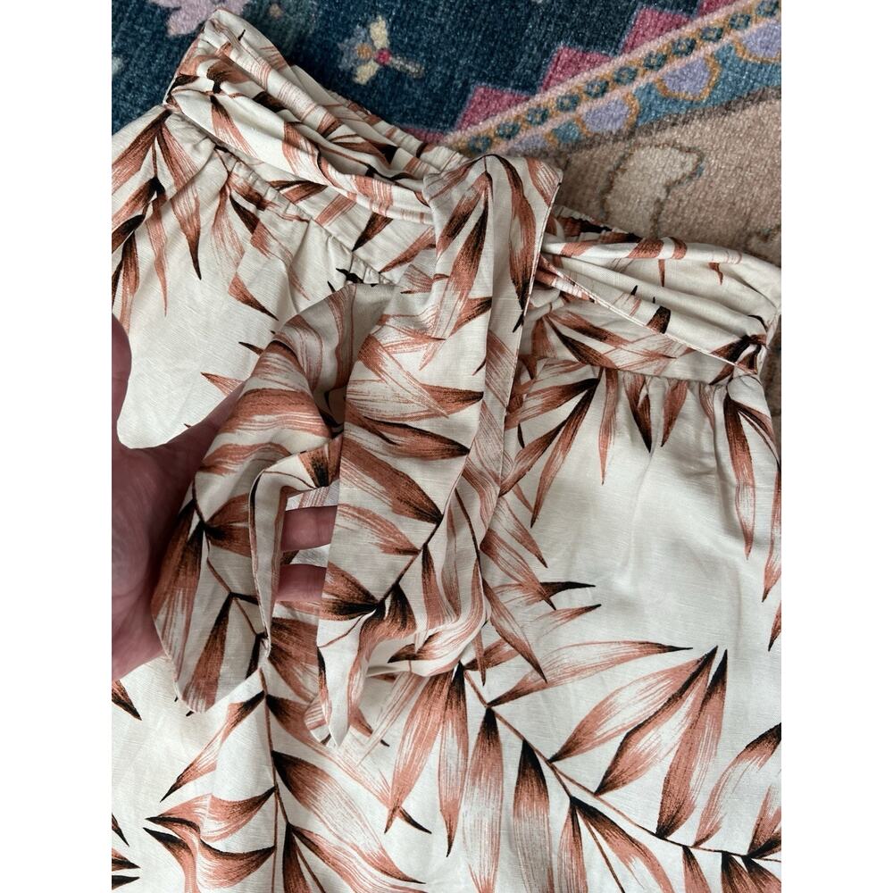 ANN TAYLOR Linen Blend Pearl Sand Tropical Leaf Print Tie Waist Midi Skirt Sz S - Picture 6 of 11